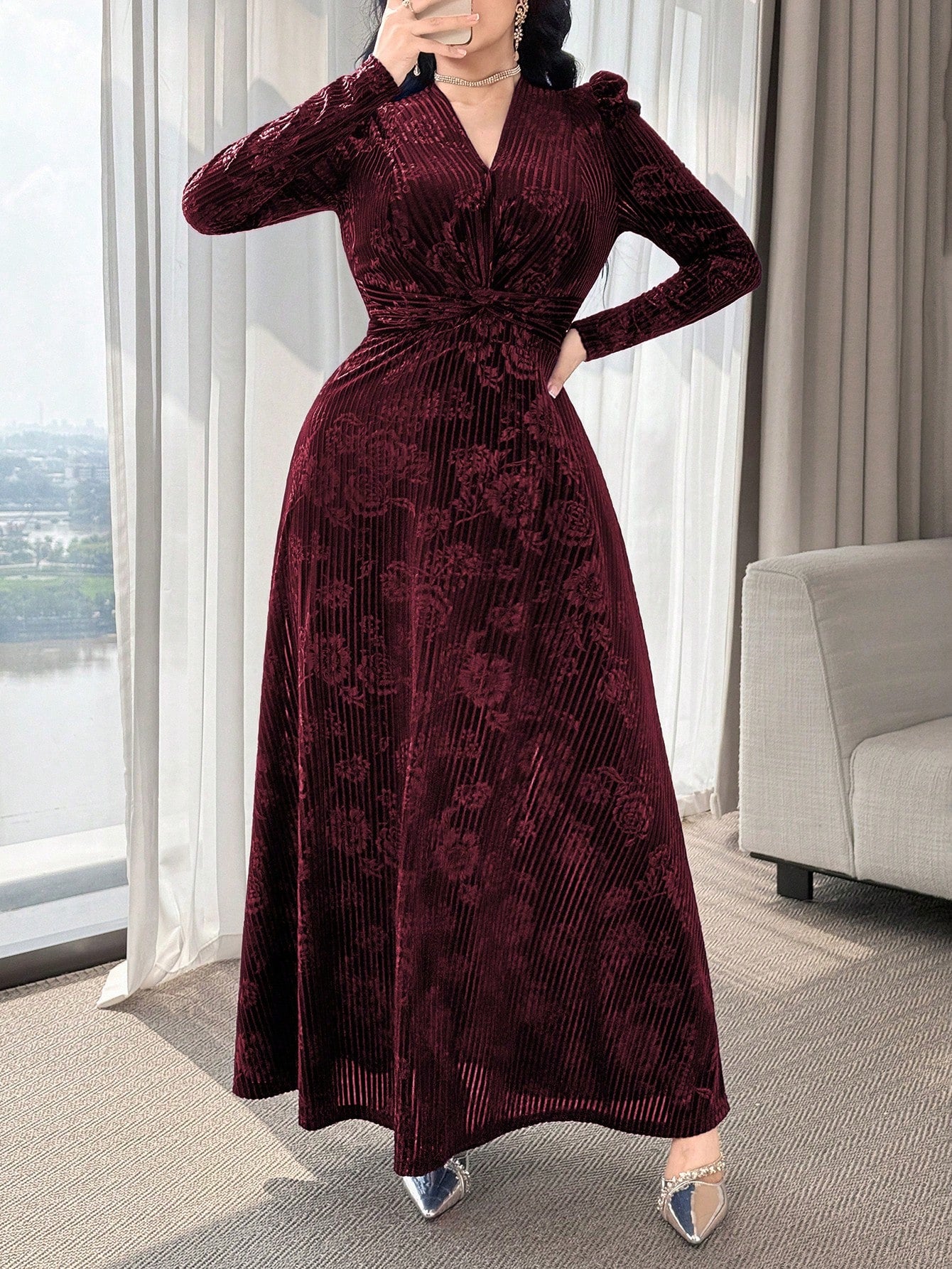 Modelyn Elegant Velvet Embossed Long Dress, Tea-Length For Women New Year's Outfit Dresses Red Wine Sleeve Marroon