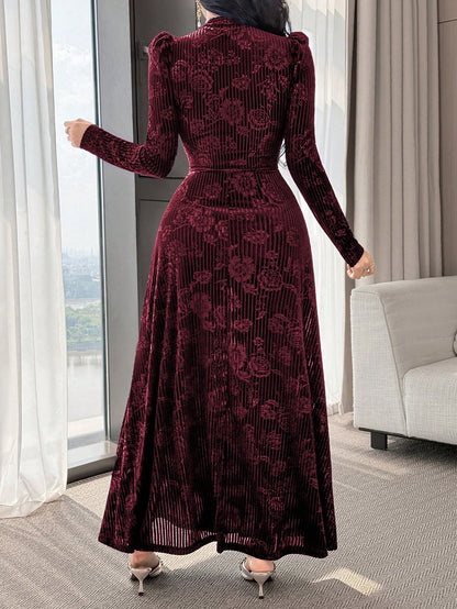 Modelyn Elegant Velvet Embossed Long Dress, Tea-Length For Women New Year's Outfit Dresses Red Wine Sleeve Marroon