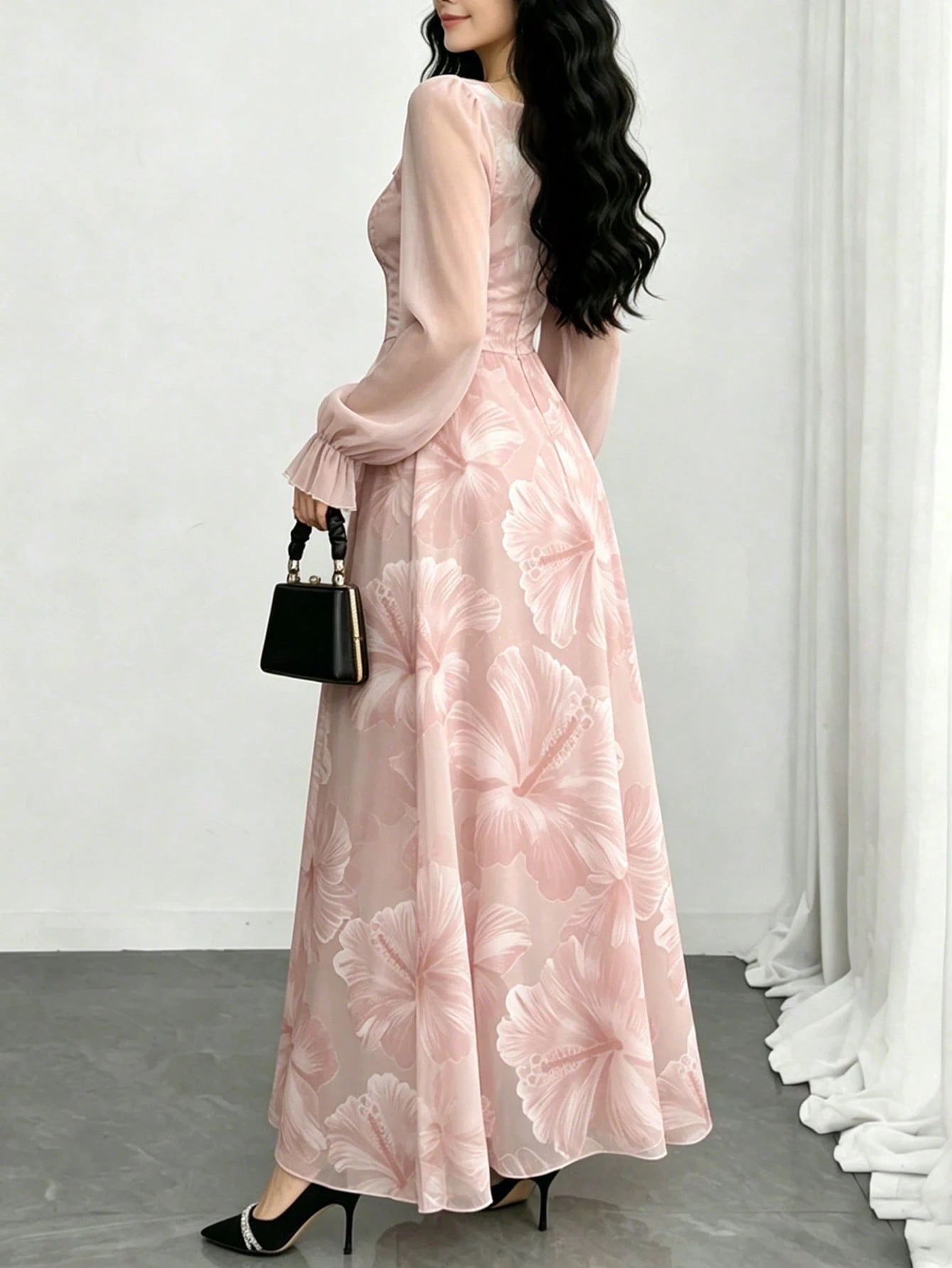 Modelyn Hibiscus Ditsy Floral Fashion Square Neck Lantern Sleeve Women's Long Dress, Summer Waist Cinched Dress, Floral Pattern Light Pink Dress, Suitable For Summer Vacation And Daily Wear
