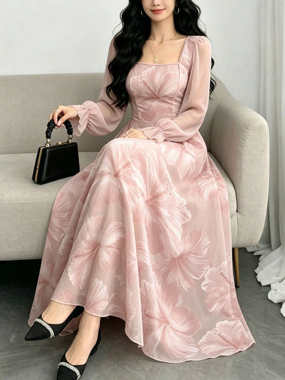 Modelyn Hibiscus Ditsy Floral Fashion Square Neck Lantern Sleeve Women's Long Dress, Summer Waist Cinched Dress, Floral Pattern Light Pink Dress, Suitable For Summer Vacation And Daily Wear