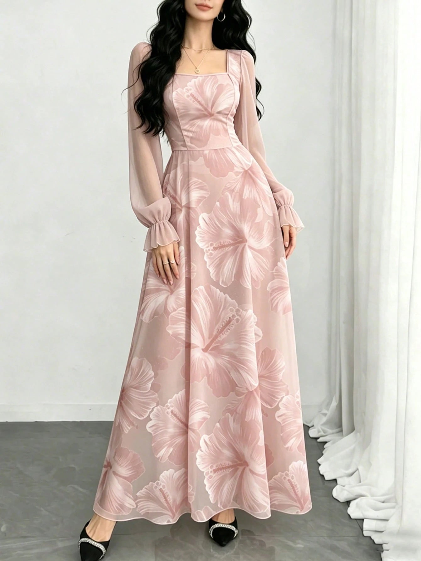 Modelyn Hibiscus Ditsy Floral Fashion Square Neck Lantern Sleeve Women's Long Dress, Summer Waist Cinched Dress, Floral Pattern Light Pink Dress, Suitable For Summer Vacation And Daily Wear