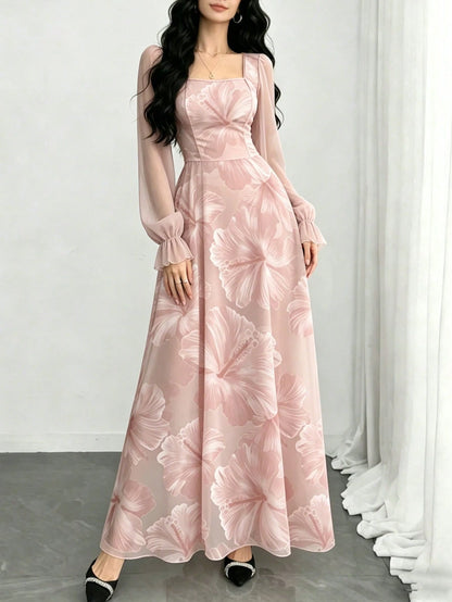 Modelyn Hibiscus Ditsy Floral Fashion Square Neck Lantern Sleeve Women's Long Dress, Summer Waist Cinched Dress, Floral Pattern Light Pink Dress, Suitable For Summer Vacation And Daily Wear