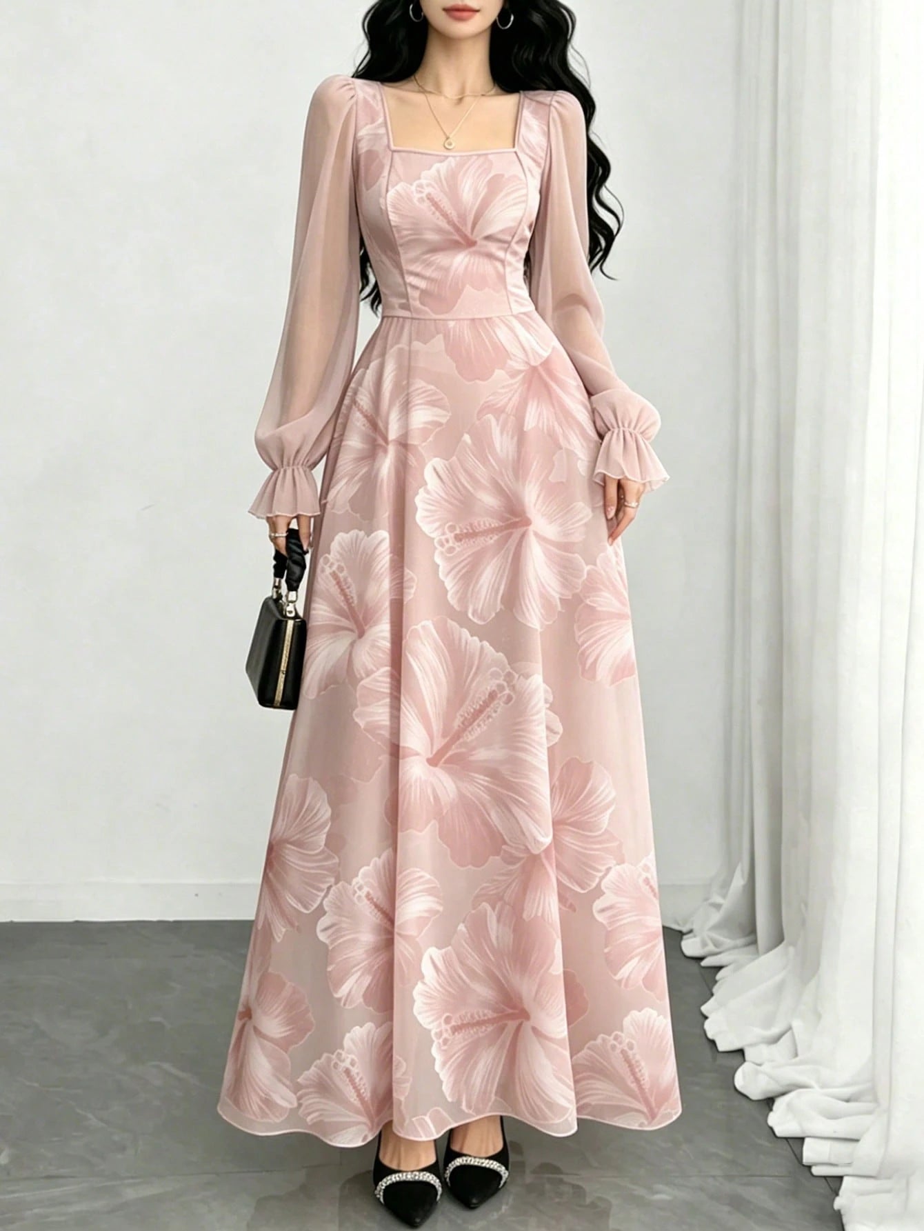 Modelyn Hibiscus Ditsy Floral Fashion Square Neck Lantern Sleeve Women's Long Dress, Summer Waist Cinched Dress, Floral Pattern Light Pink Dress, Suitable For Summer Vacation And Daily Wear