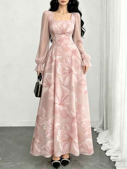 Modelyn Hibiscus Ditsy Floral Fashion Square Neck Lantern Sleeve Women's Long Dress, Summer Waist Cinched Dress, Floral Pattern Light Pink Dress, Suitable For Summer Vacation And Daily Wear