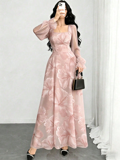 Modelyn Hibiscus Ditsy Floral Fashion Square Neck Lantern Sleeve Women's Long Dress, Summer Waist Cinched Dress, Floral Pattern Light Pink Dress, Suitable For Summer Vacation And Daily Wear