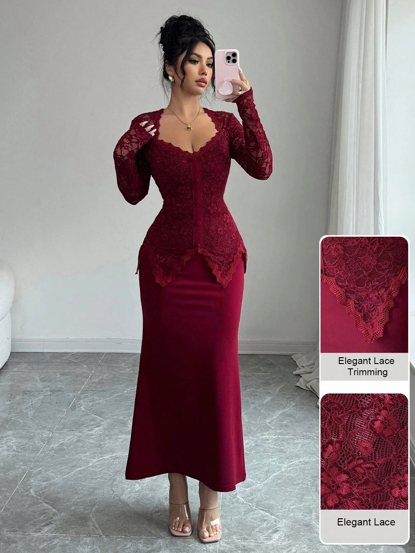 Modelyn Square Neck Lace Patchwork Button Waist Bodycon Midi Dress For Women