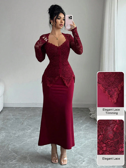 Modelyn Square Neck Lace Patchwork Button Waist Bodycon Midi Dress For Women