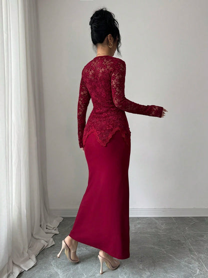 Modelyn Square Neck Lace Patchwork Button Waist Bodycon Midi Dress For Women