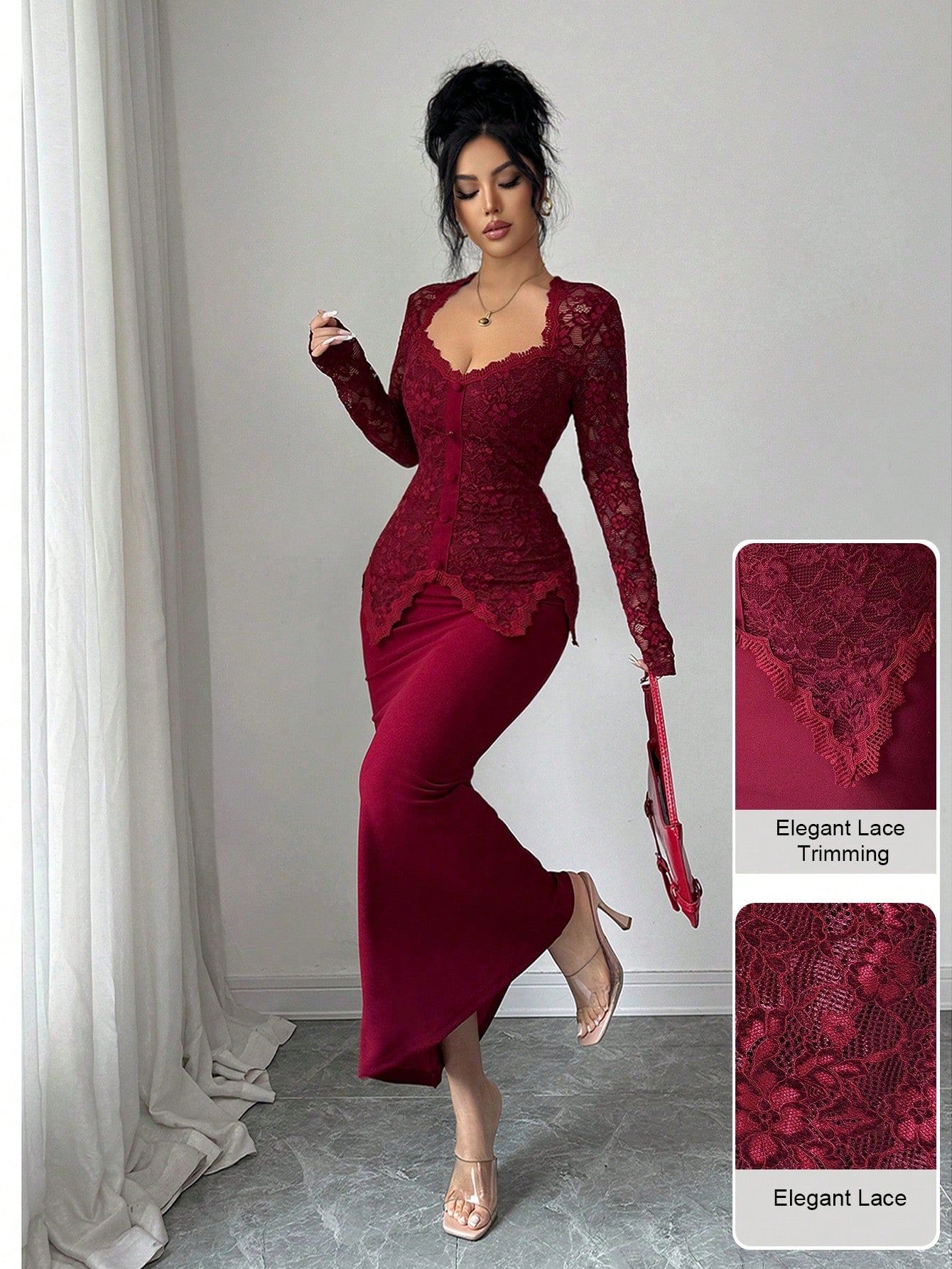 Modelyn Square Neck Lace Patchwork Button Waist Bodycon Midi Dress For Women