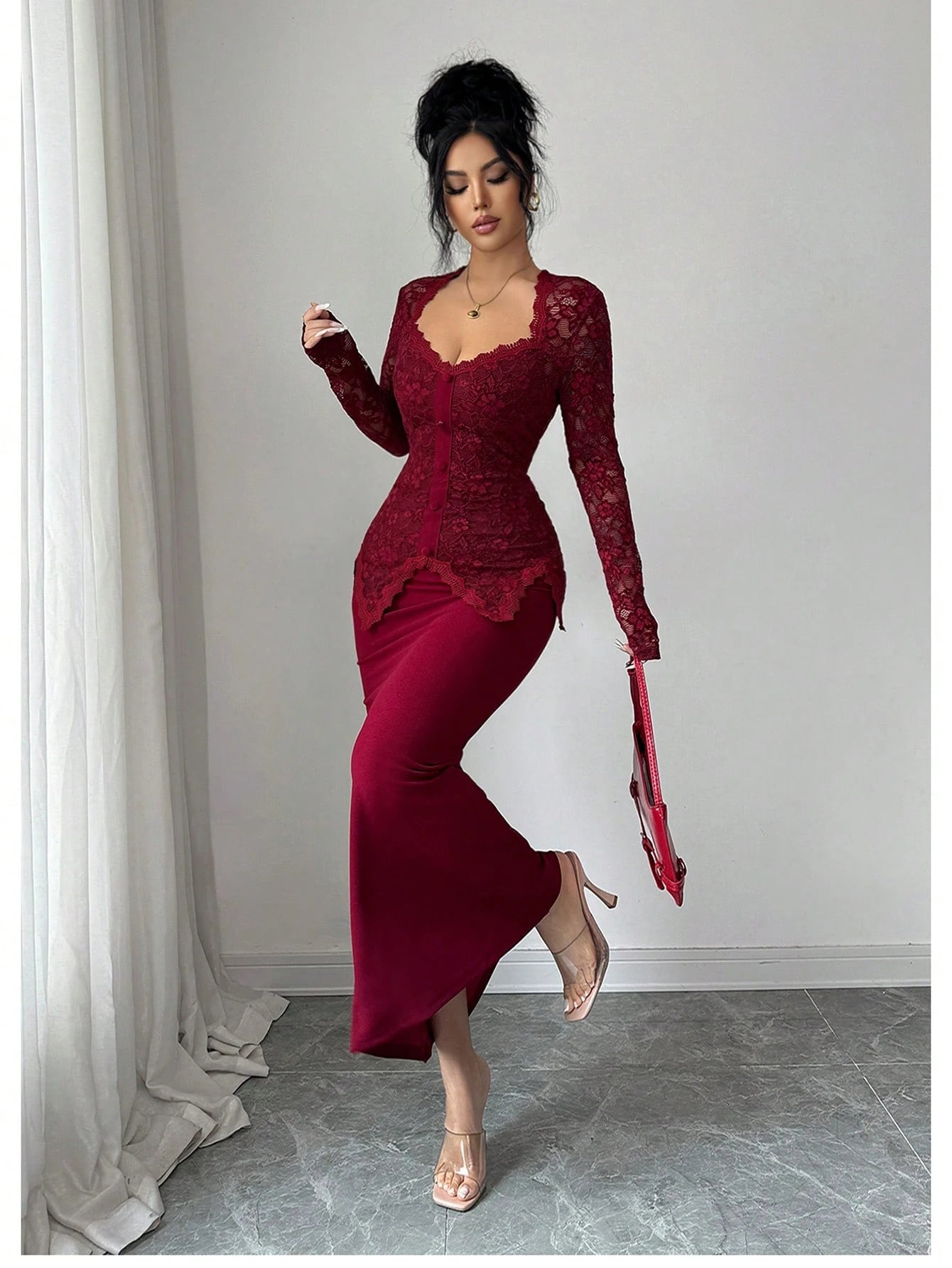 Modelyn Square Neck Lace Patchwork Button Waist Bodycon Midi Dress For Women