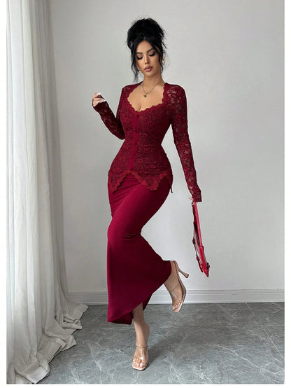 Modelyn Square Neck Lace Patchwork Button Waist Bodycon Midi Dress For Women