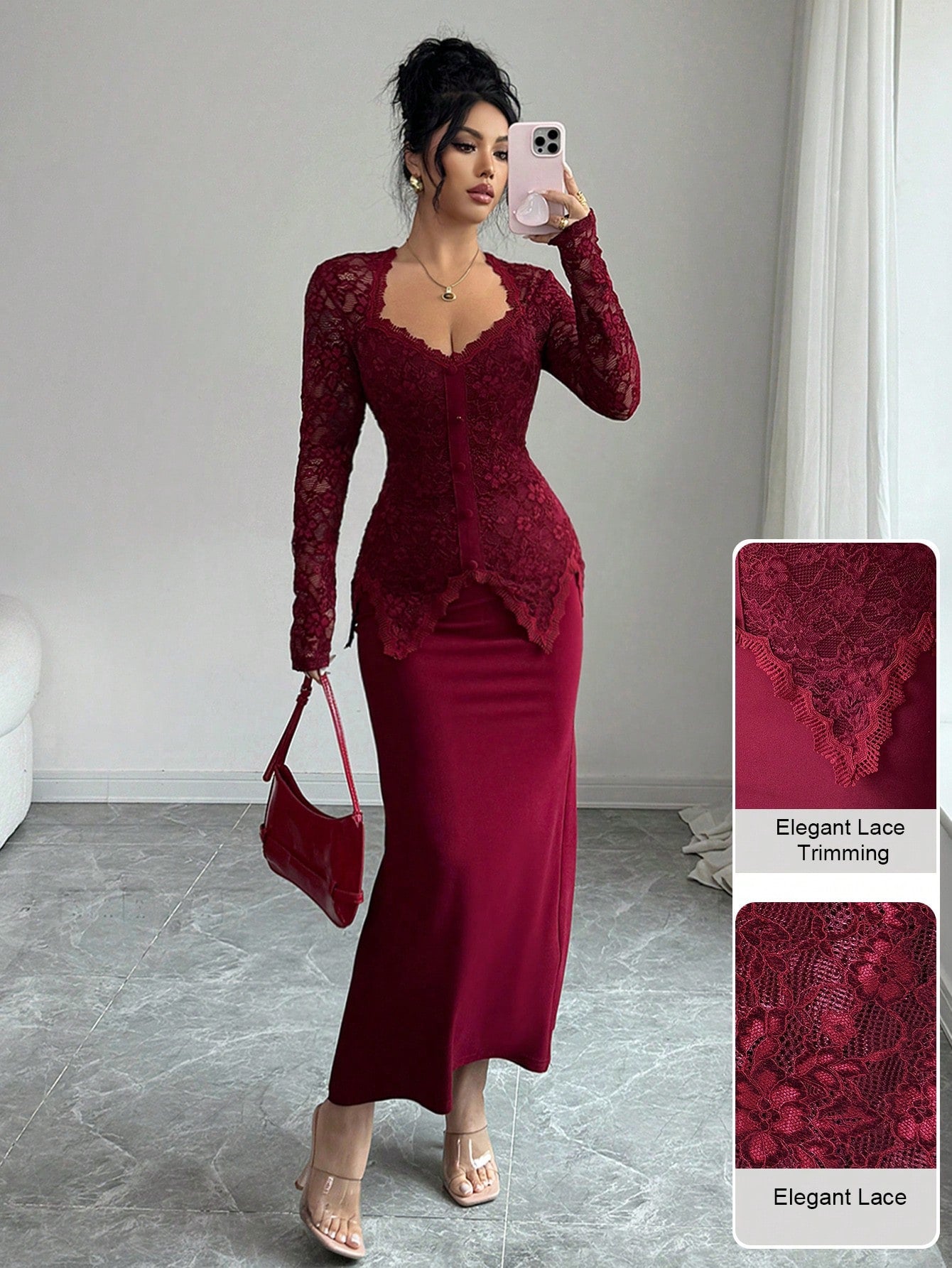 Modelyn Square Neck Lace Patchwork Button Waist Bodycon Midi Dress For Women