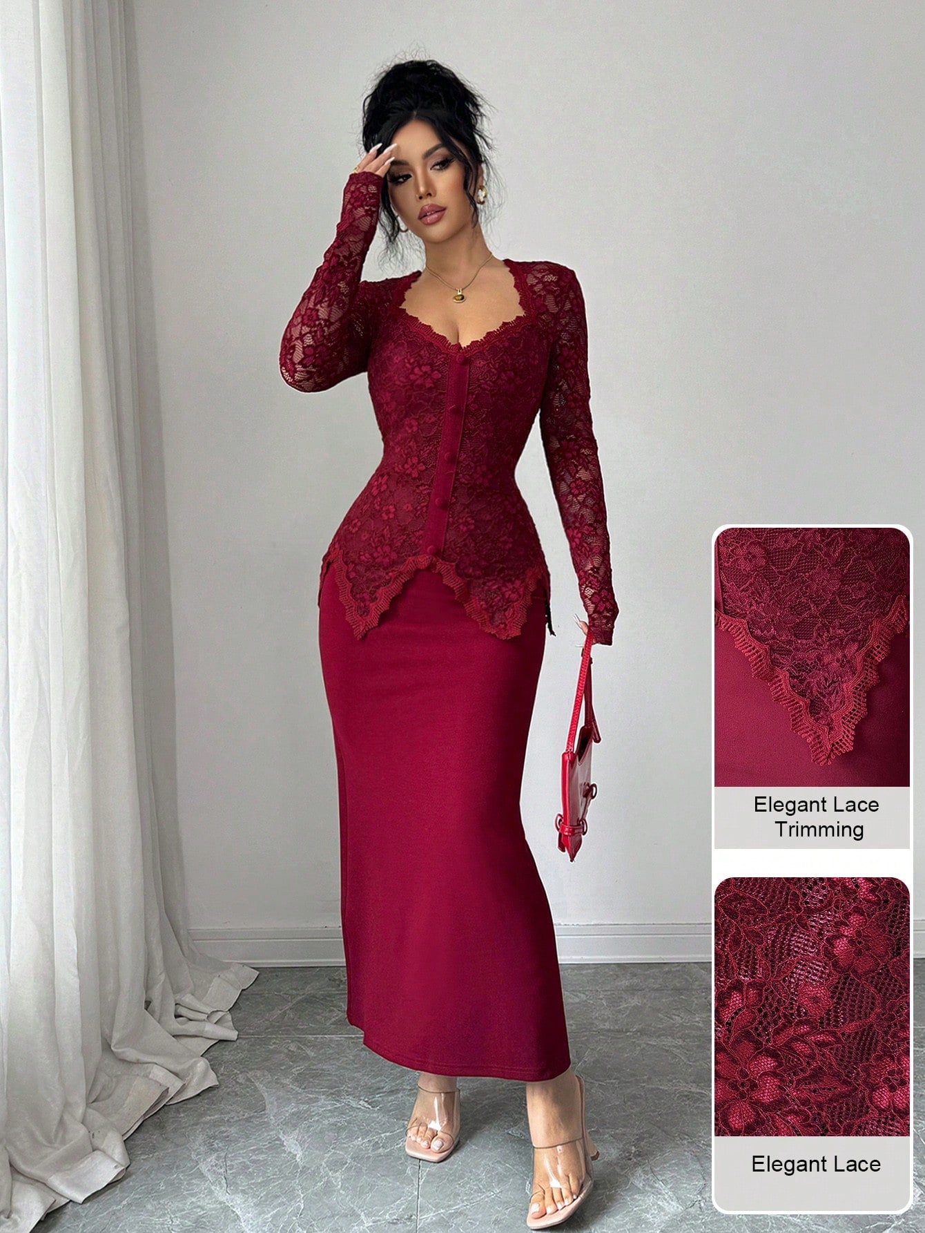 Modelyn Square Neck Lace Patchwork Button Waist Bodycon Midi Dress For Women