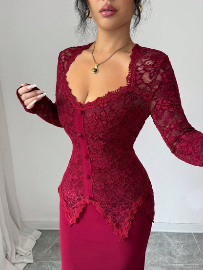 Modelyn Square Neck Lace Patchwork Button Waist Bodycon Midi Dress For Women