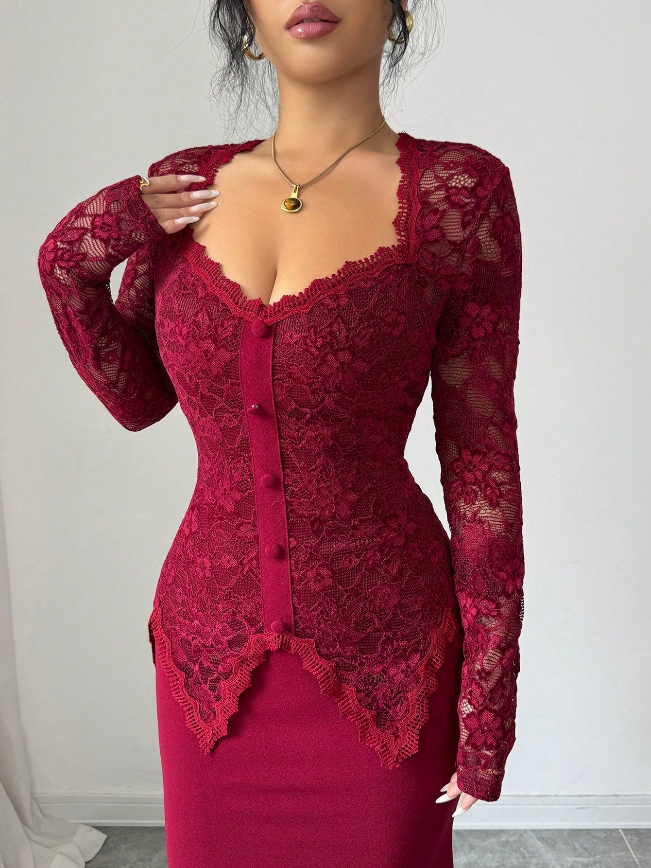 Modelyn Square Neck Lace Patchwork Button Waist Bodycon Midi Dress For Women