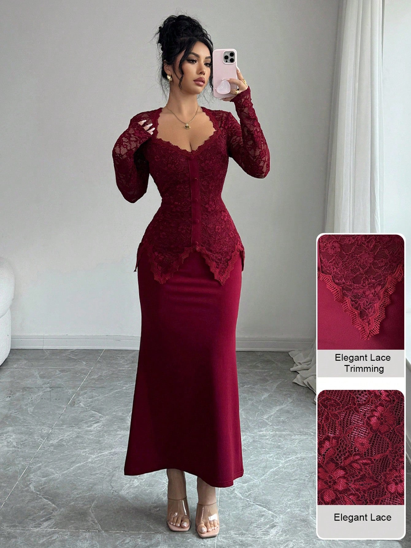 Modelyn Square Neck Lace Patchwork Button Waist Bodycon Midi Dress For Women