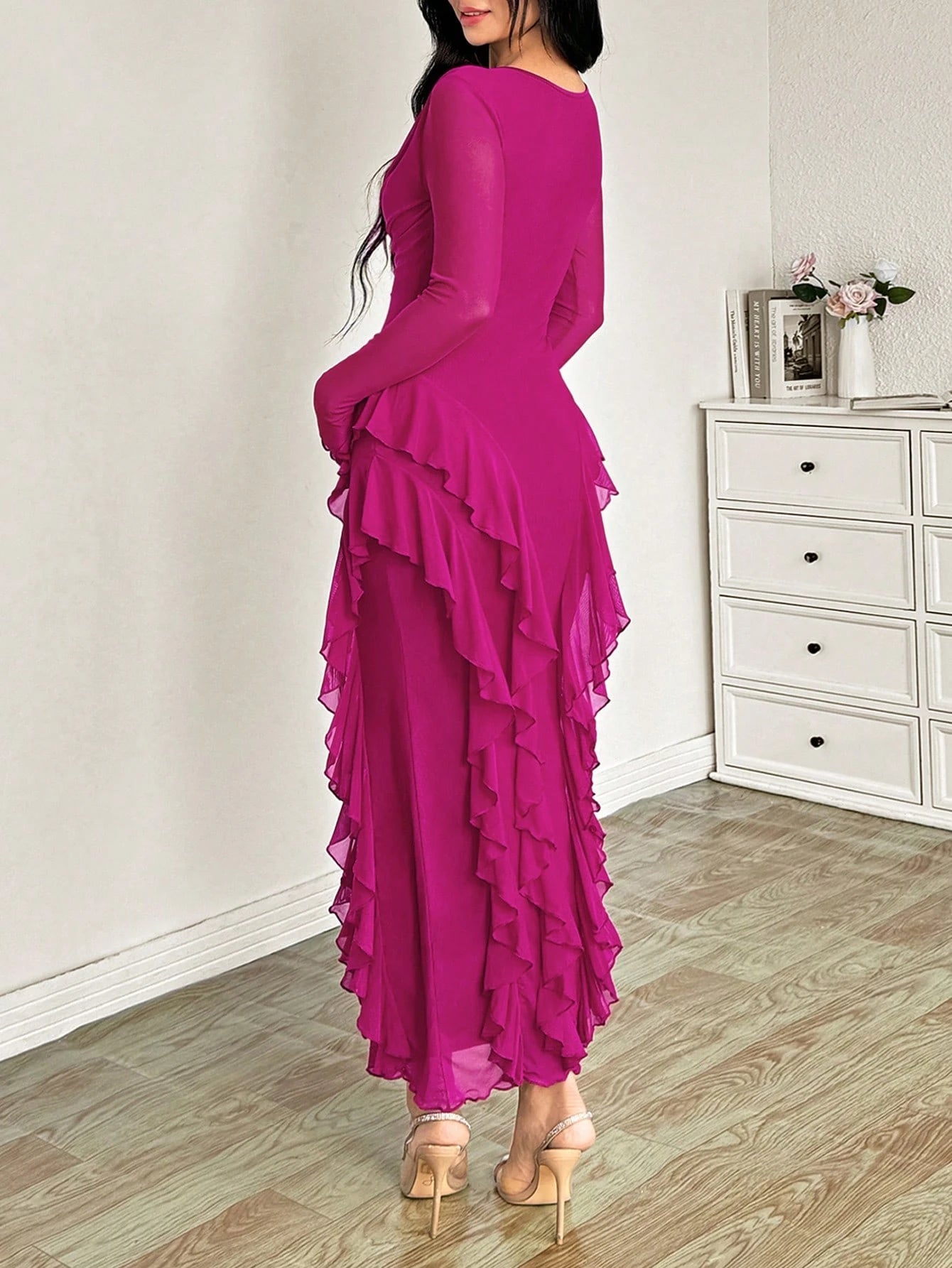 Modelyn Women's Long Elastic Mesh Ruffled Collar Bodycon Elegant Dress, Autumn Party Pink