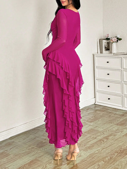 Modelyn Women's Long Elastic Mesh Ruffled Collar Bodycon Elegant Dress, Autumn Party Pink