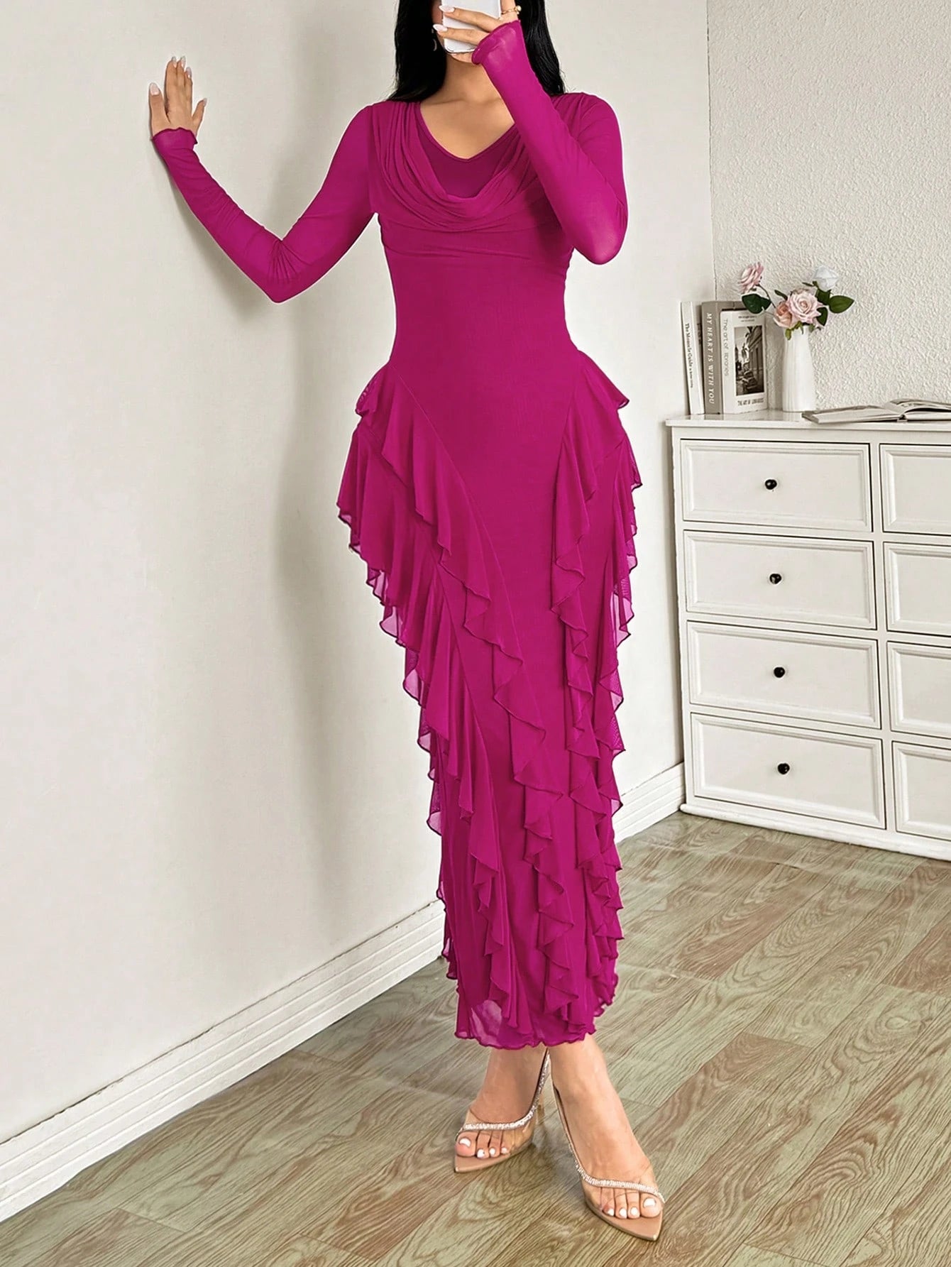 Modelyn Women's Long Elastic Mesh Ruffled Collar Bodycon Elegant Dress, Autumn Party Pink