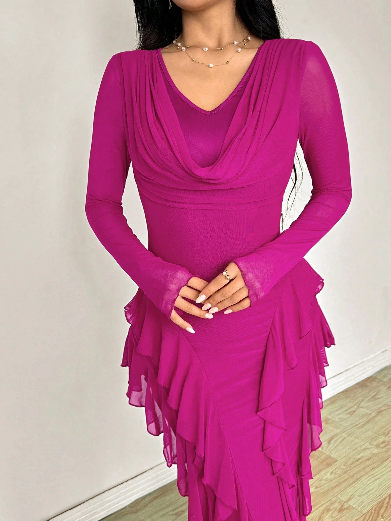 Modelyn Women's Long Elastic Mesh Ruffled Collar Bodycon Elegant Dress, Autumn Party Pink