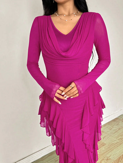 Modelyn Women's Long Elastic Mesh Ruffled Collar Bodycon Elegant Dress, Autumn Party Pink