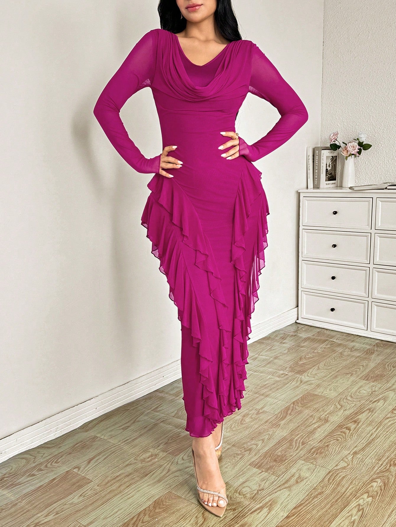 Modelyn Women's Long Elastic Mesh Ruffled Collar Bodycon Elegant Dress, Autumn Party Pink