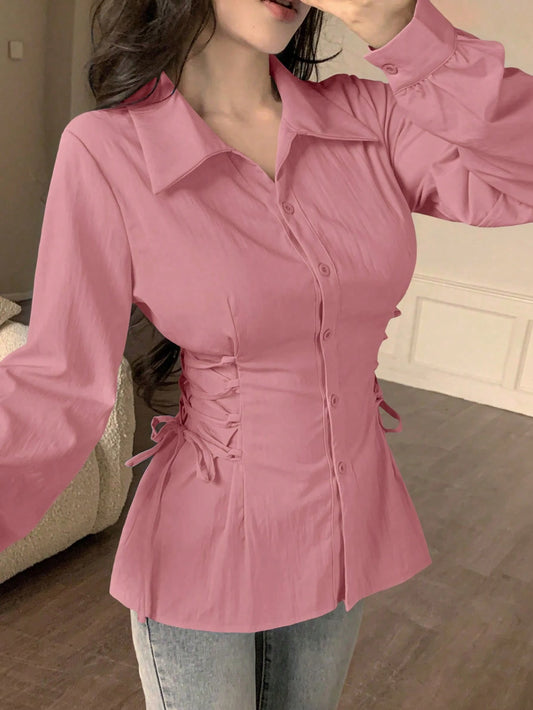 Modelyn Women Solid Color Long Sleeve Casual Drawstring Tie Shirt Fall Cloth For Women