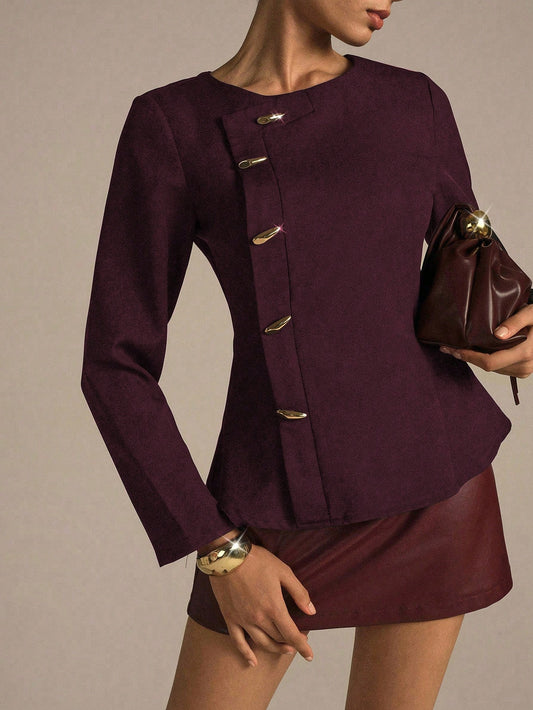 Modelyn Woven Non-Stretch Black Long Sleeve Metal Button Fitted Outdoor Blouse, Fashionable & Elegant For Women