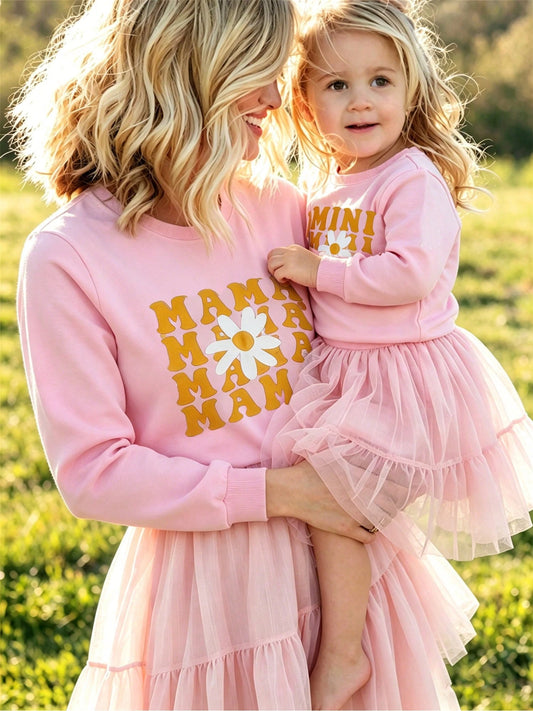 Mommy And Me Matching Outfits Christmas/Halloween Matching Sweatshirts Mama/Mini Letter And Bowknot Embroidery Long Sleeve Crewneck Pullover Shirt Blouse Top Mom And Daughter Matching Holiday Party Cl