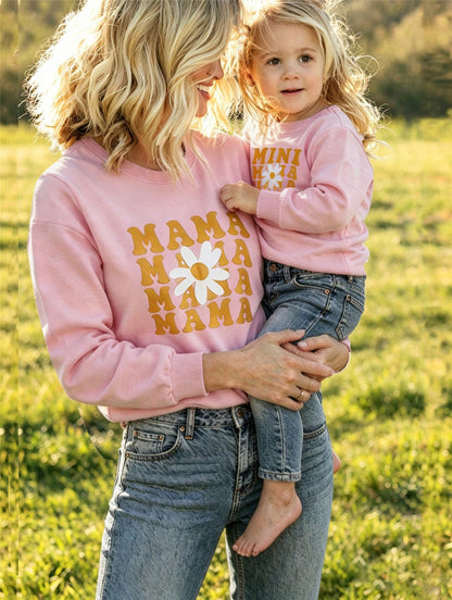 Mommy And Me Matching Outfits Christmas/Halloween Matching Sweatshirts Mama/Mini Letter And Bowknot Embroidery Long Sleeve Crewneck Pullover Shirt Blouse Top Mom And Daughter Matching Holiday Party Cl
