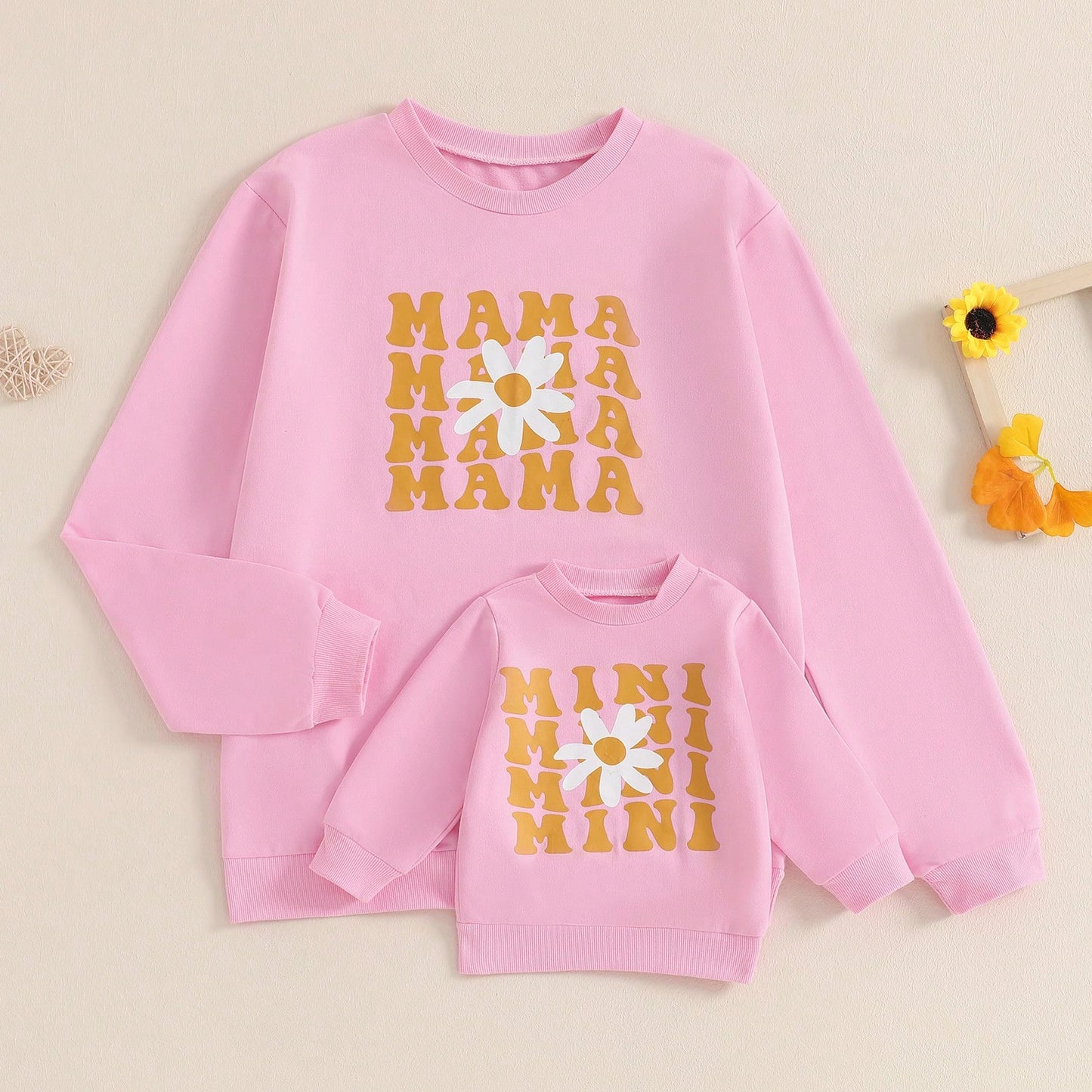 Mommy And Me Matching Outfits Christmas/Halloween Matching Sweatshirts Mama/Mini Letter And Bowknot Embroidery Long Sleeve Crewneck Pullover Shirt Blouse Top Mom And Daughter Matching Holiday Party Cl