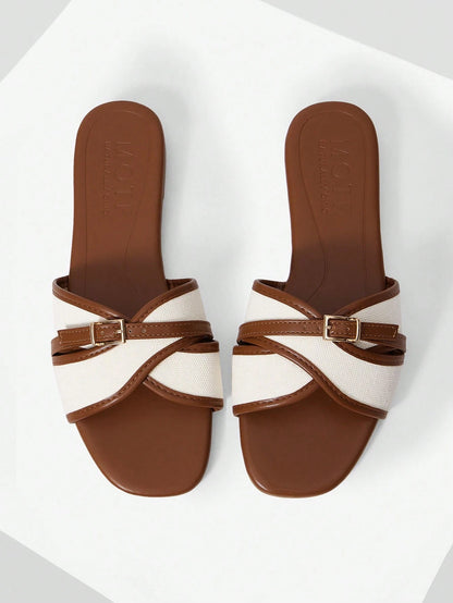 MOTF LADIES SWEET COLOUR MATCHING BUCKLE BROWN FLAT SANDALS