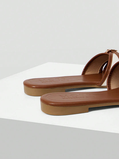 MOTF LADIES SWEET COLOUR MATCHING BUCKLE BROWN FLAT SANDALS