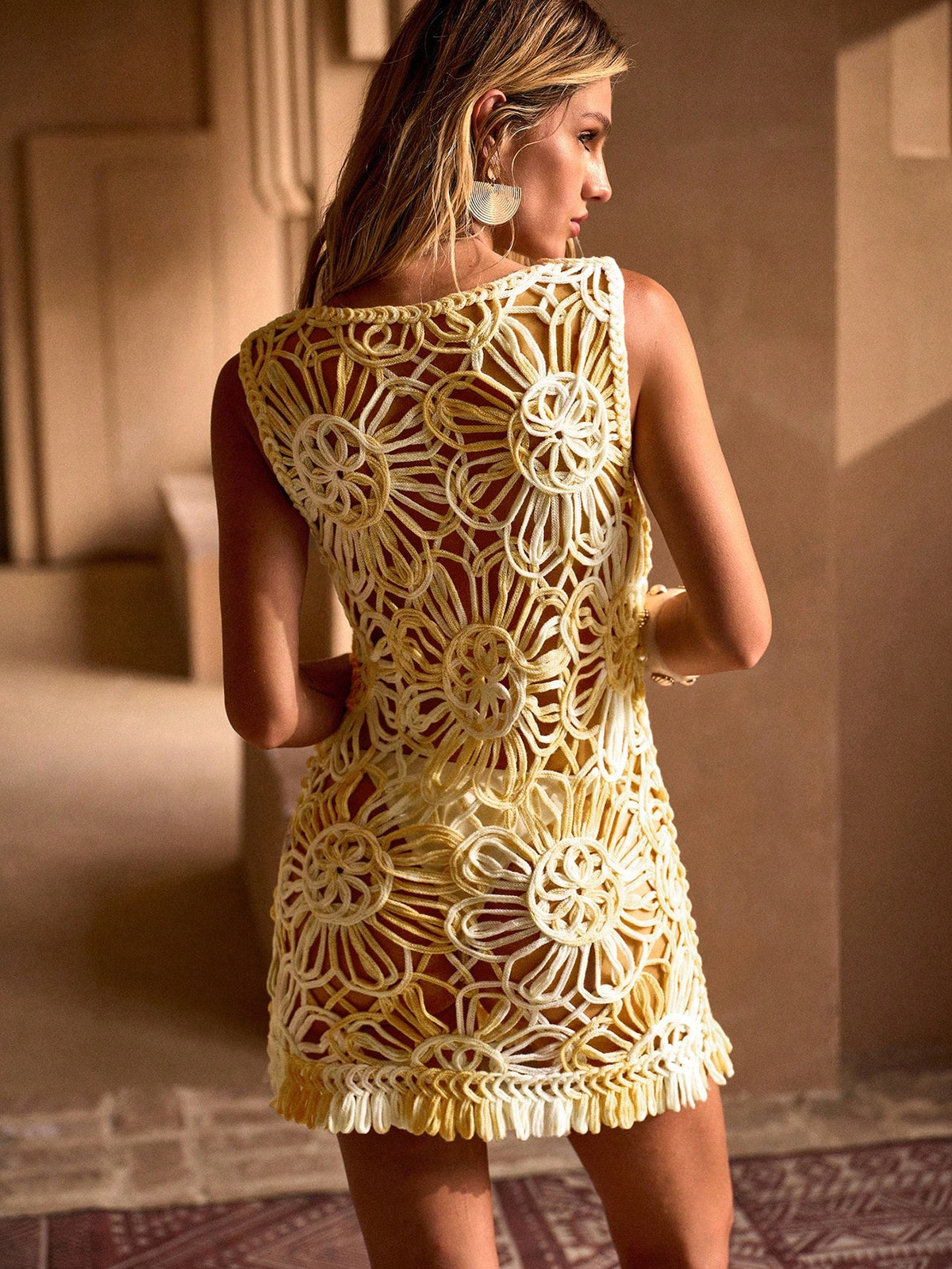 MOTF PREMIUM TEXTURED CROCHET TIE DYE COLOR MESH VACATION BOHEMIAN COVER UP SLEEVELESS MINI DRESS