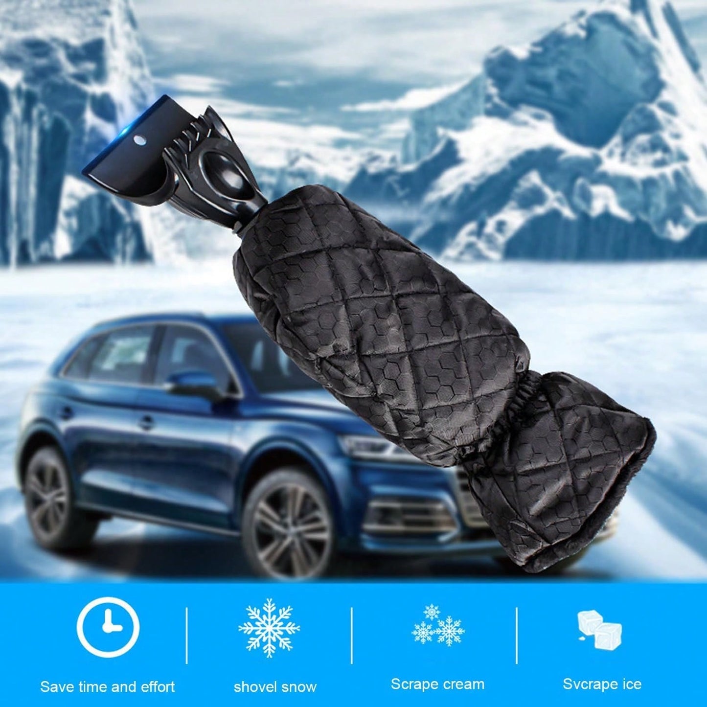 MOTOMATE Car Ice Scraper, Auto Windshield Ice Shovel With Warm Thermal Waterproof Glove, Scratch-Free Car Window Snow Scraper Mitt Windproof Winter Cleaning Tool For Most Vehicles (Black)