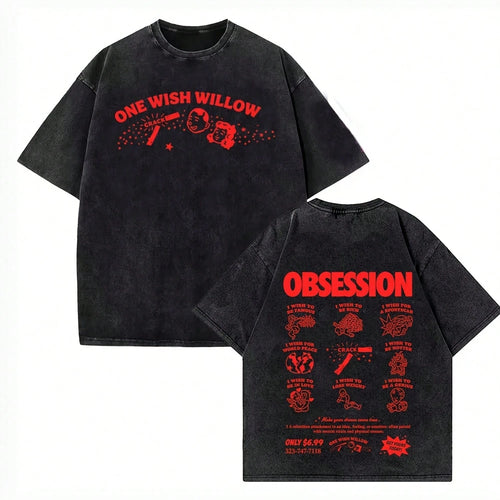 Movie Obsession One Wish Willow T-Shirt Men Vintage Washed Streetwear Short Sleeve Cotton Summer Cas