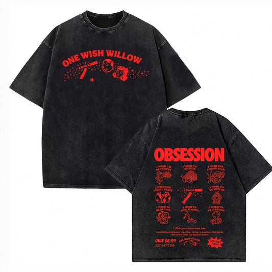 Movie Obsession One Wish Willow T-Shirt Men Vintage Washed Streetwear Short Sleeve Cotton Summer Cas