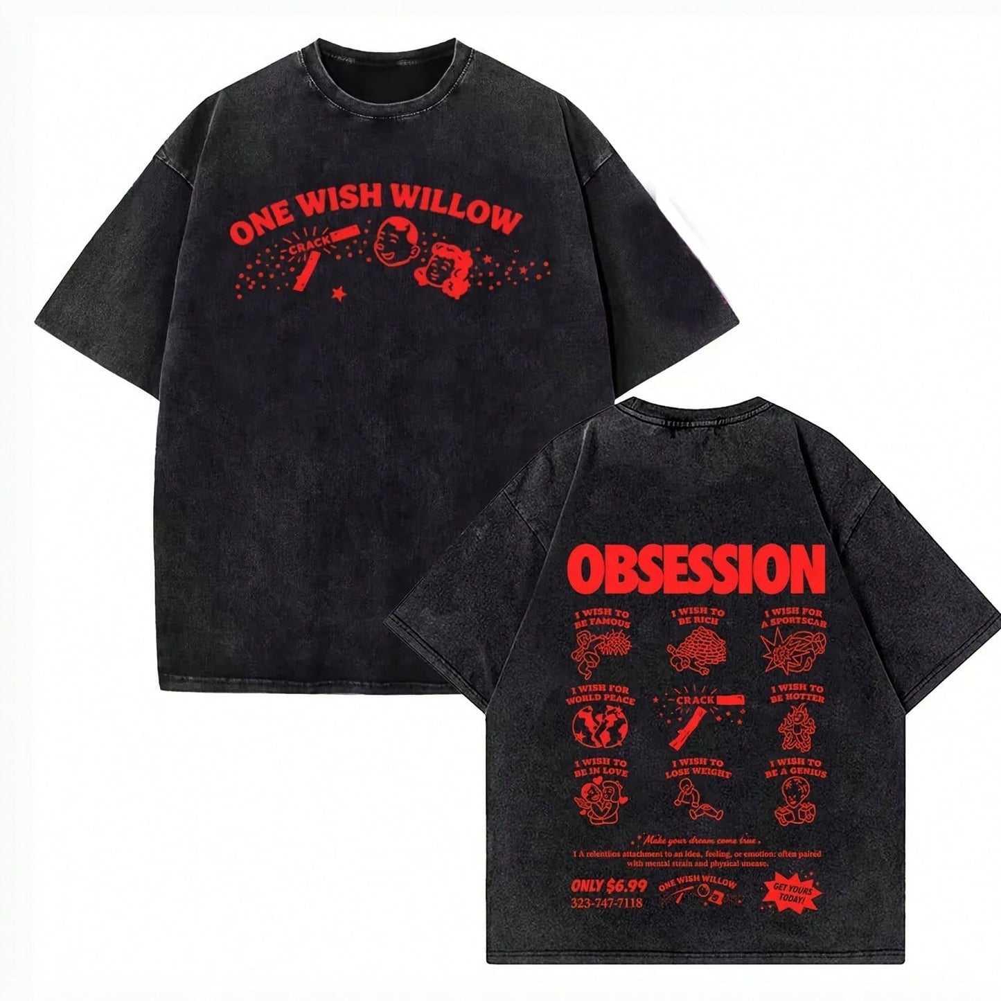 Movie Obsession One Wish Willow T-Shirt Men Vintage Washed Streetwear Short Sleeve Cotton Summer Cas