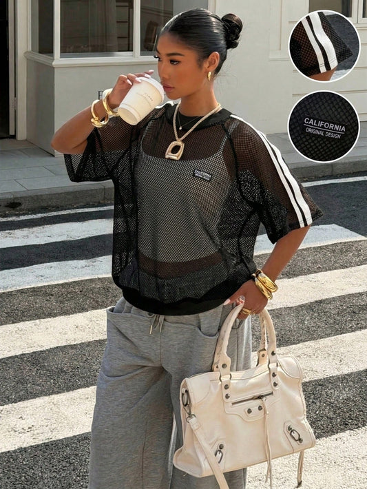 Muchica Black Mesh Raglan Sleeve Sheer Casual Summer T-Shirt For Women,Summer Top