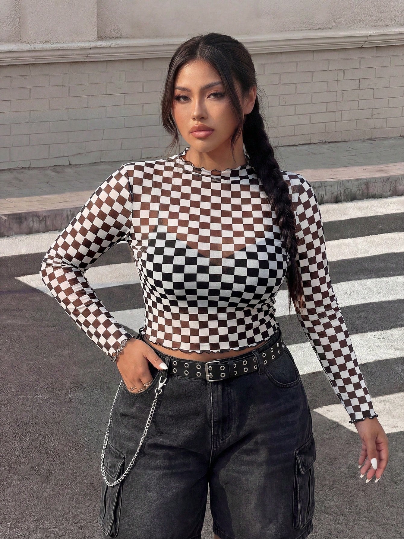Muchica Plus Checker Print Lettuce Trim Crop Top Without Cami Top, Summer
