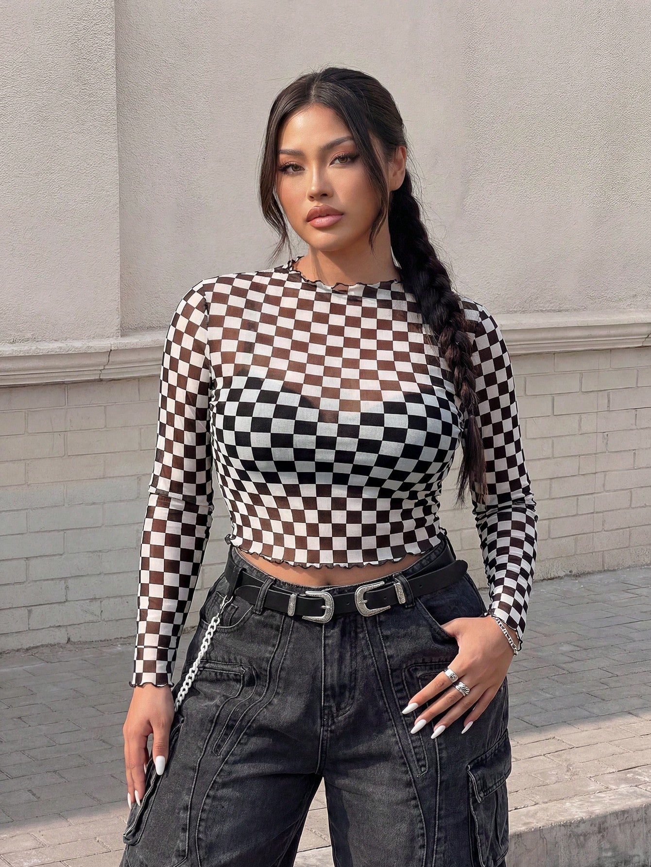 Muchica Plus Checker Print Lettuce Trim Crop Top Without Cami Top, Summer