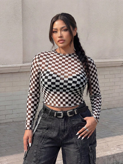 Muchica Plus Checker Print Lettuce Trim Crop Top Without Cami Top, Summer