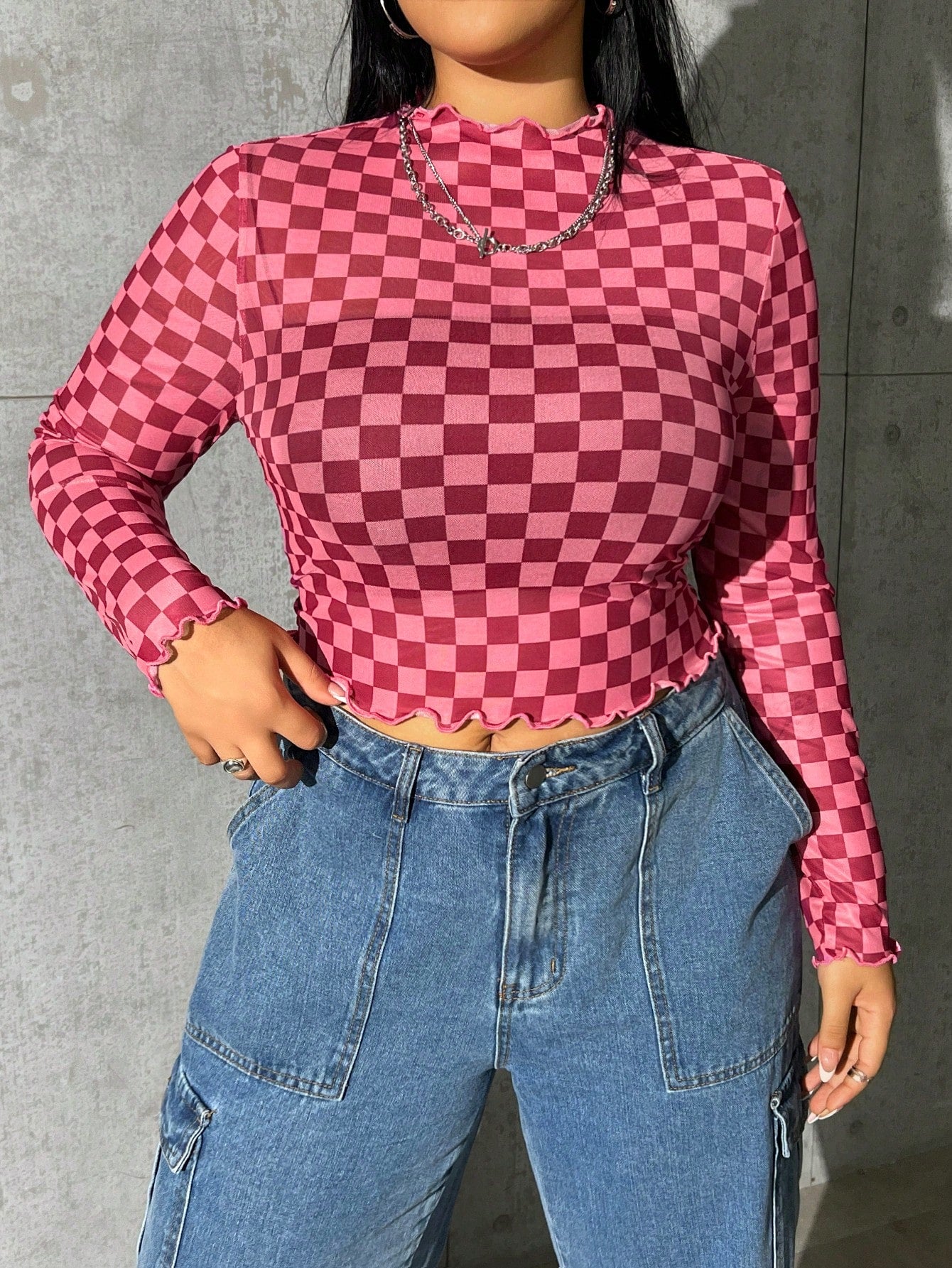 Muchica Plus Checker Print Lettuce Trim Crop Top Without Cami Top, Summer