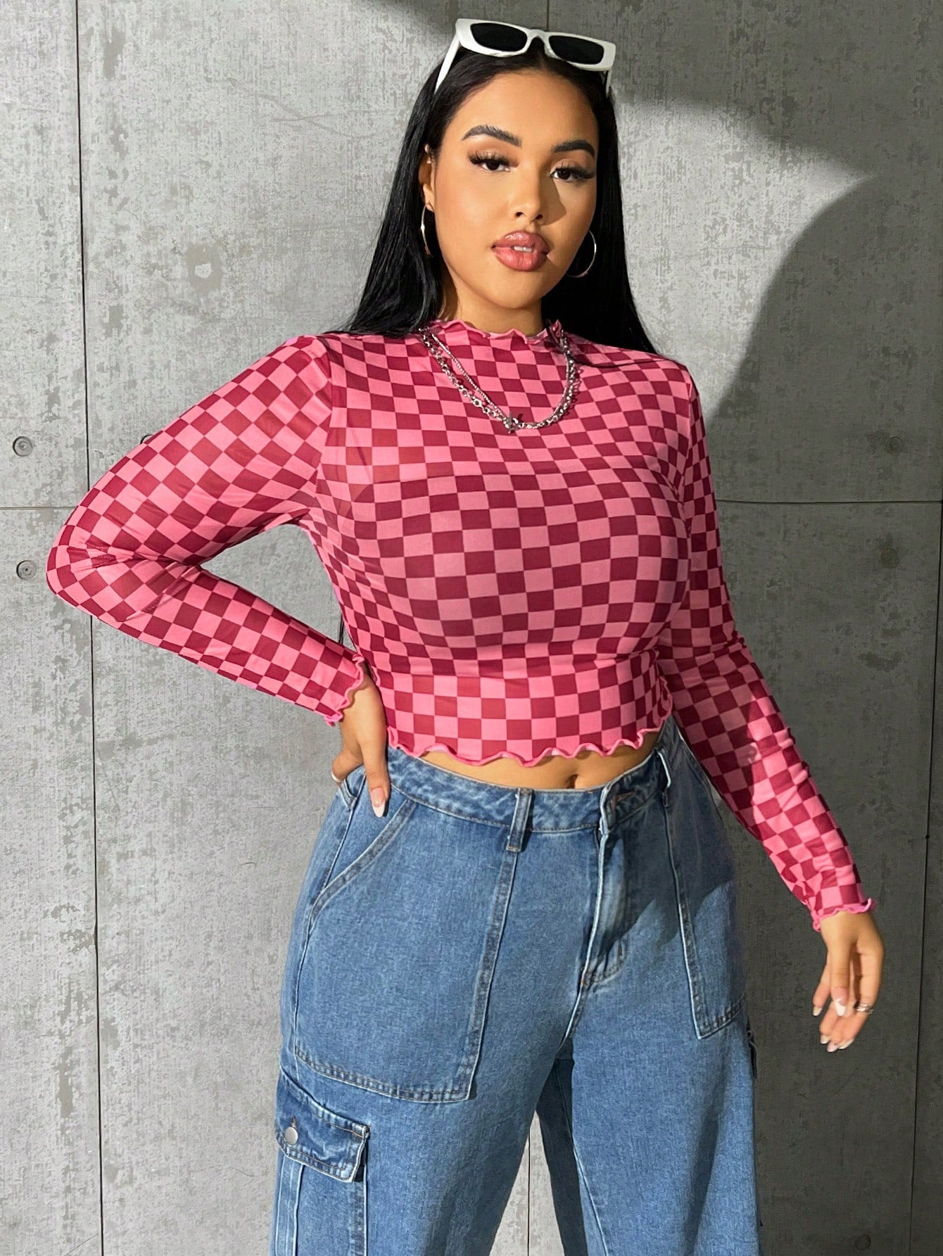 Muchica Plus Checker Print Lettuce Trim Crop Top Without Cami Top, Summer