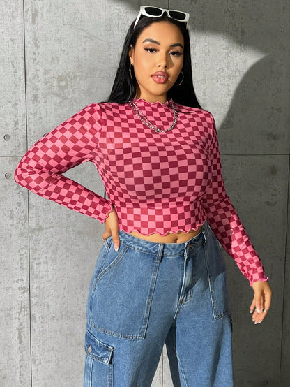 Muchica Plus Checker Print Lettuce Trim Crop Top Without Cami Top, Summer