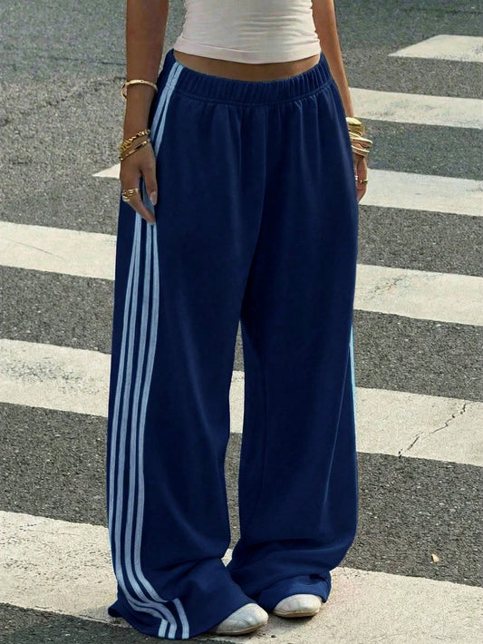 Muchica Women's Blue Knit Patchwork Striped Wide Leg Casual Sweatpants Loose Pants,Vacation Pants