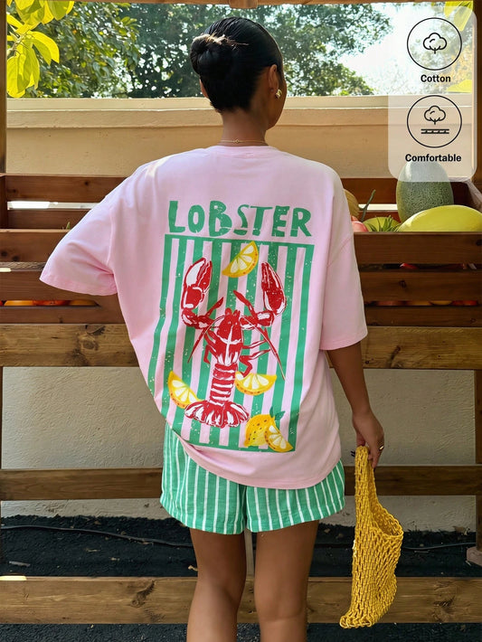 Muchica Women's Light Pink Summer Casual Graphic Streetwear City Break Holiday Loose Raglan Tee,Lobster Stripe & Letter Print Beach T-Shirt,Pastel Colors