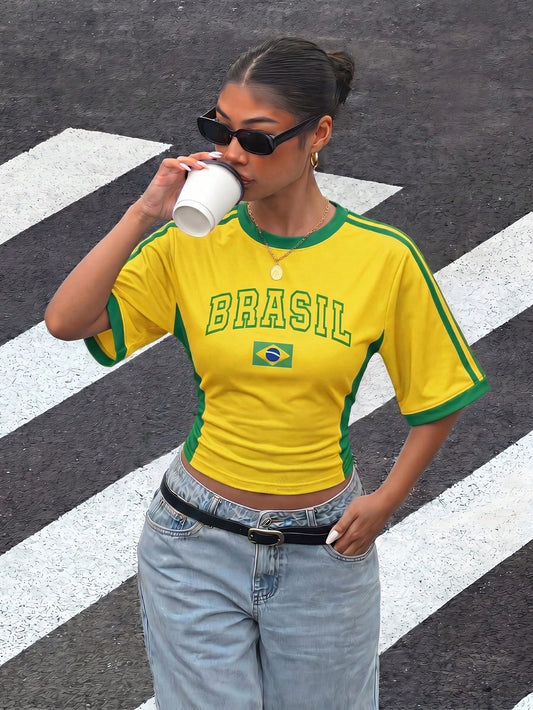 Muchica Women's Loose Fit Brazil Football Team Jersey Top With Batwing Sleeves, Featuring Contrast Brown Collar And Striped Sleeves. Horse Print Adds Vintage, Collegiate, Classic, Fashion, Youthful An