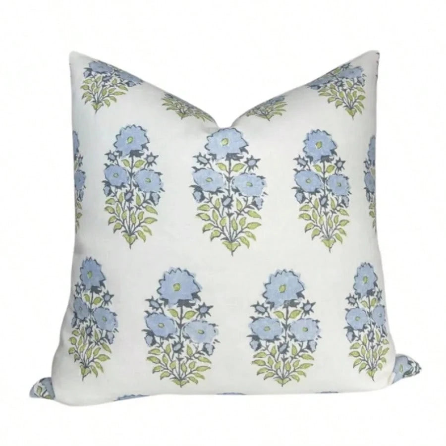 Mughal Pillow Cover In Blue, Designer Decorative Pillows Case,Soft Blue Block Print Vertical Floral Stem Decor Throw Pillow Cover
