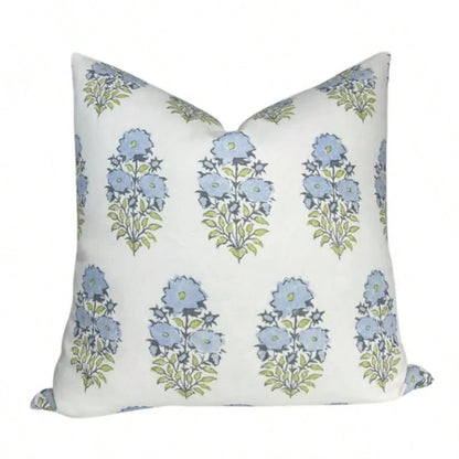 Mughal Pillow Cover In Blue, Designer Decorative Pillows Case,Soft Blue Block Print Vertical Floral Stem Decor Throw Pillow Cover